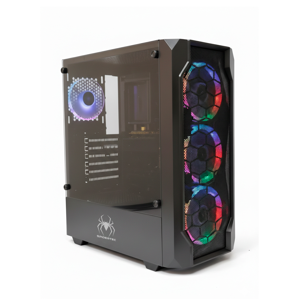 CASE SPIDERTEC GAMING 8010 ATX 3 FAN LED RGB VIDRIO TEMPLADO 1USB 3.2 2 USB 2.0 FUENTE 600W